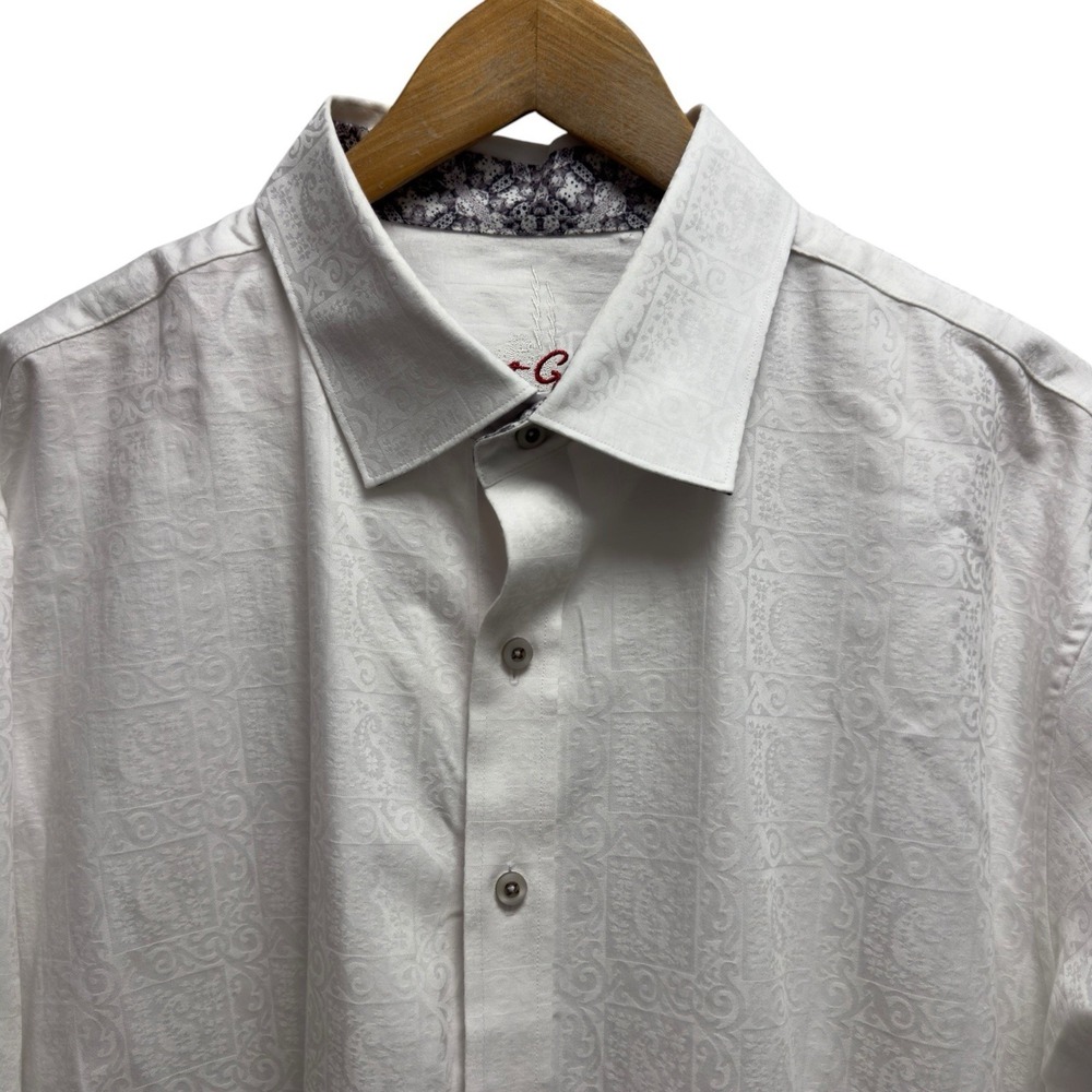 Robert Graham Men's Sz 1XL Big White Jacquard Paisley Flip Cuff Cotton Shirt euc